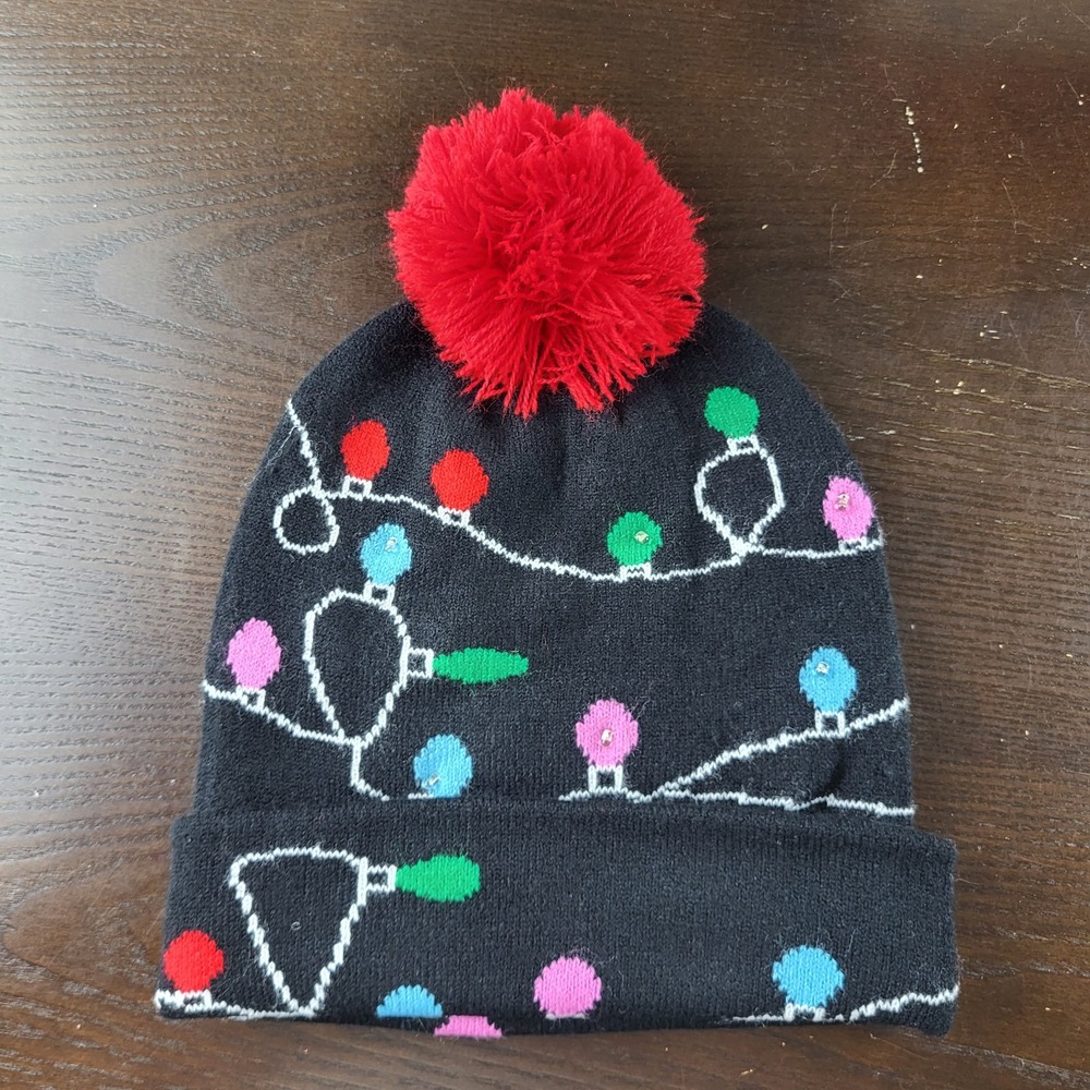 Two's Company Decked Out LED Christmas Light Knit Hat with Pom Pom One Size